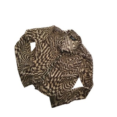 Just Polly Brown Psychedelic Swirl Mesh Button Down Long Sleeve Top Y2K Style