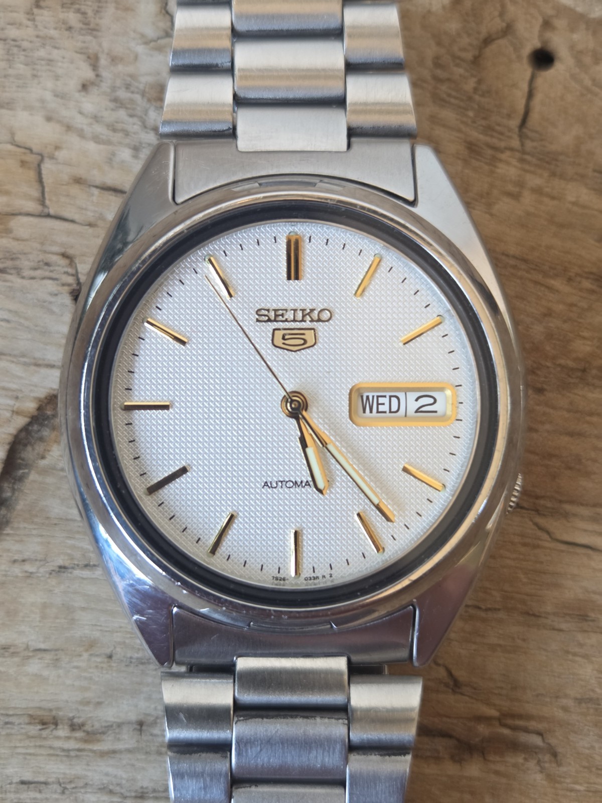 Seiko 5 Automatic 7S26-0480 Day Date Mens Watch Silver Dial Working Vintage