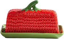 Strawberry Butter Dish with Lid, Ceramic ButterDish, Large Kitchen Strawberry Bu