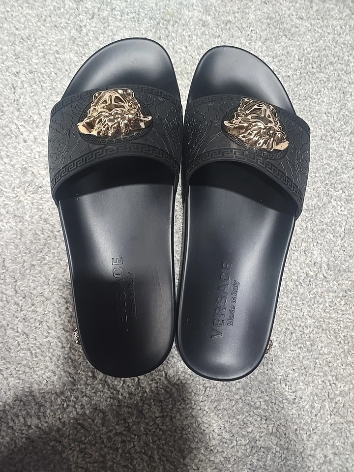 Men's Black Gold Versace Medusa Palazzo Sandals Slides Flip Flops Size 13 - Image 2 of 3