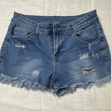 Blue Denim Cut Off Shorts Distressed Fringe Women's Size M