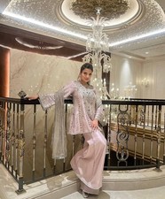 New Latest Natural Crap Silk Peach Palazzo Suit With Dupatta For Party Wear