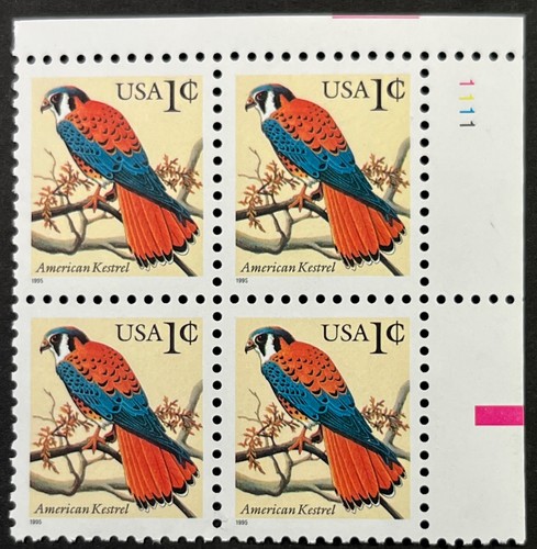 U.S. Scott #3031, 1c Plate Block of 4, American Kestrel Issue, VF, MNH