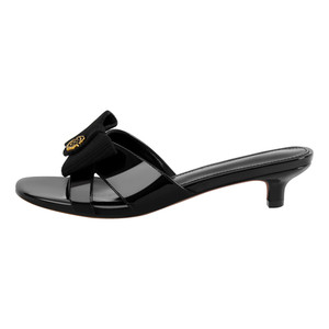 Women Black Patent Leather Kitten Heel Slide Sandals with Bow Detail US12