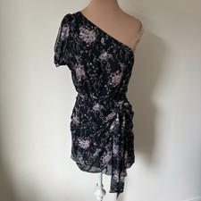 Loveshackfancy Peyton Navy Cosmos Blue Floral Print Silk One Shoulder Dress XS