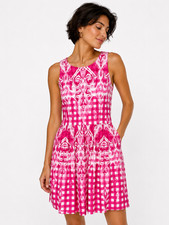 Tahari Sz 8 Printed Cotton Summer Dress Pink/White Checked Lined Sleeveless NWOT
