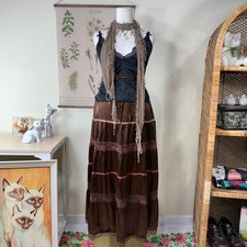 90s Y2k Satin Lace Tiered Peasant Maxi Skirt Forest Fairy Grunge Witchy L XL 2X
