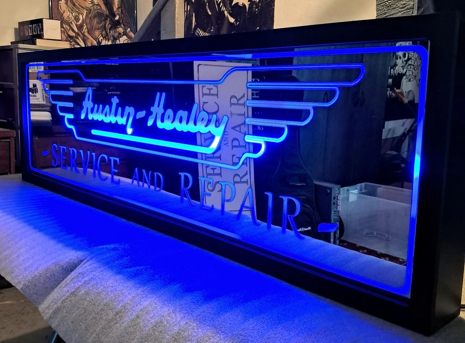 AUSTIN HEALEY SERVICE AND REPAIR MIRRORED BLUE LED LIGHTED SIGN - Image 2 of 4