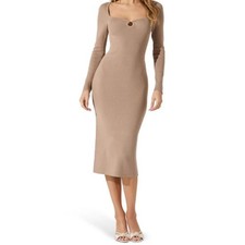 Astr the Label faux pearl keyhole long sleeve midi dress tan size Large L