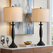 Oneach 28" Modern Table Lamps Set of 2 for Living Room Bedroom, USB Ports Blac