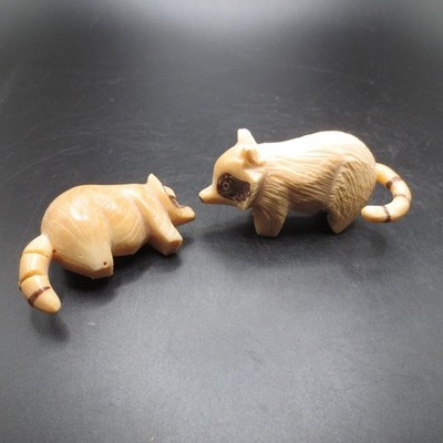 VTG Set of 2 Hand Carved Painted Stone Resin Raccoon Miniature Figurines