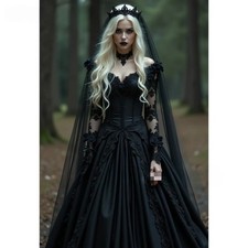 Gothic Wedding Dresses LongSleeve Vintage Black Lace Applique Corset A-Line Gown