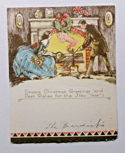 Vtg Christmas Card Fashionable Couple Fireplace He Stokes She Uses Billows 1933 - Picture 1 of 2