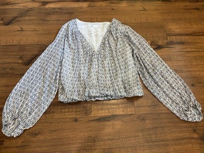 Zara Top Blouse Women s Large Blue Metallic Thread V Neck Bubble Hem Cropped EUC