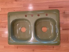 Vtg Cast Iron Avocado Green Porcelain Double Basin Drop In Kitchen Sink. New OS