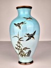 Antique Japanese Cloisonne Vase Sky Blue Enamel Flying Birds & Florals - Meiji