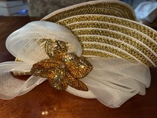 Mr HI's Classic Vintage Hat Natural With Gold Sequins Church Kentucky Derby