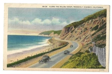 1938 Postcard Malibu Coast CA Roosevelt Highway Ocean Santa Monica Mtns Linen