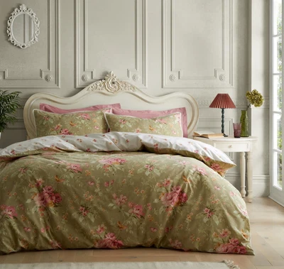 CATHERINE LANSFIELD Set copripiumino Penelope pizzo floreale shabby chic verde salvia reversibile matrimoniale