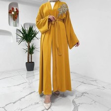 Dubai Women Muslim Open Abaya Embroidery Inner Dress Set Islamic Cardigan Kimono