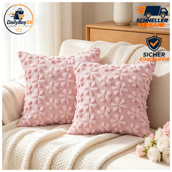 Kissenbezug 50X50 Cm 2Er Set Kordsamt Blumen Rosa Zierkissen Deko Wohnzimmer-image