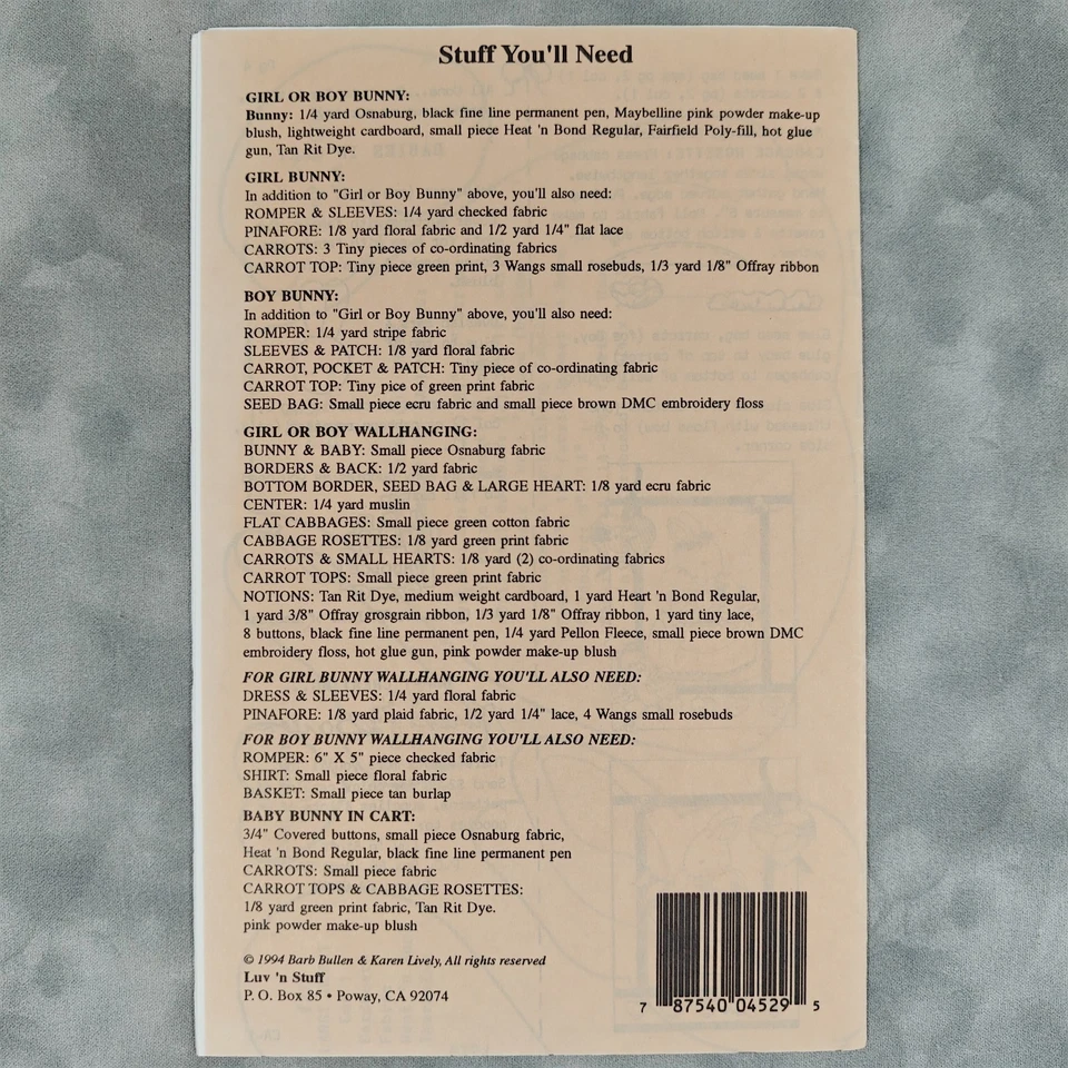 Luv 'n Stuff CARROTS 'N CABBAGES #CA 1994 Bunny Wallhanging & Dolls Sewing Patte - Image 3 of 3