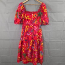 Farm Rio Dress Large Good Vibes Smocked Midi Tropical Floral Puff Sleeve Casual