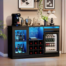 Coffee Bar Cabinet with Fridge, 47" Buffet Sideboard with Wine Rack LED Lights