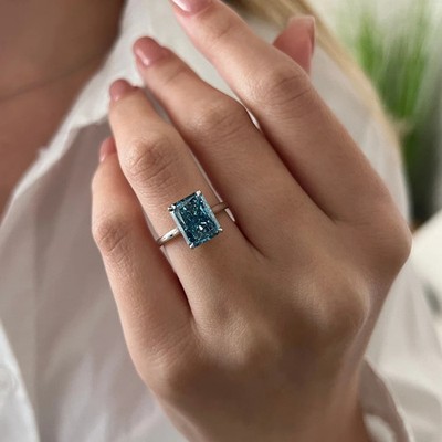 Radiant Cut Diamond Ring 3 Carat IGI Lab Created Fancy Vivid Blue 14K White Gold