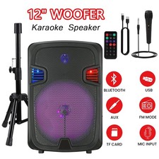 12" Bluetooth Portable Speaker System w/ Stand Mic LED Party Lights Rechargeable