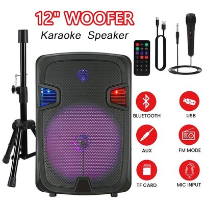 12'' Bluetooth Portable Speaker System w/ Stand Mic LED Party Lights Rechargeable