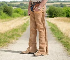 Men Western Cowboy vintage Traditional Fringes Suede Leather Pant Riding Chap