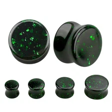 Green Glitter Sand Stone Double Flare Concave Tunnels Ear Gauges Plugs Piercing