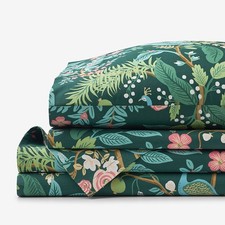 Rifle Paper Co Peacock Classic Smooth Sateen Bed Sheet Set -Evergreen, Twin