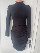 SHEIN Black Ribbed Ruched High Neck Bodycon Mini Dress UK 4 6 XS B39