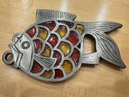 vintage 1970s Fish Trivet Cast Iron Yellow Red Glass Scales stain glass TAIWAN