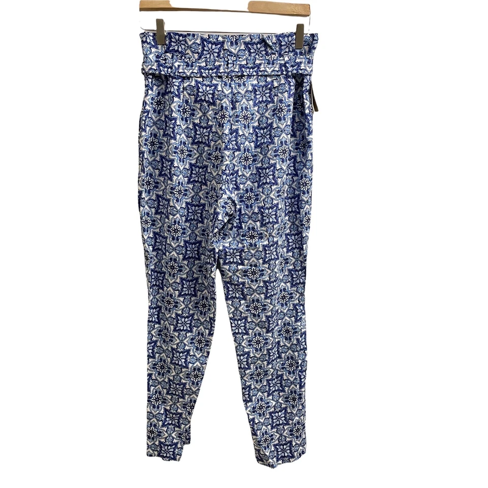 Pantalones Pantalones informales con estampado de azulejos Rachel Roy para mujer, azules, corbata en la cintura talla 4 NUEVO Foto 3 de 4