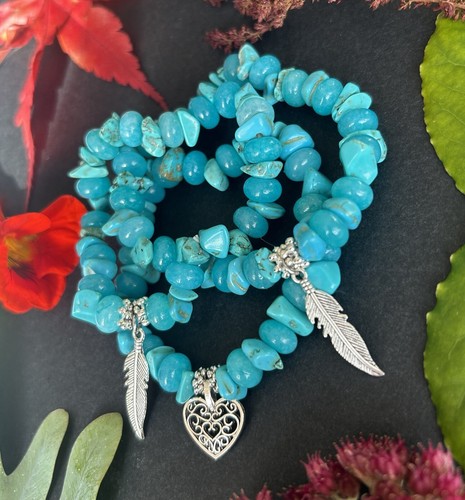 Handcrafted ! NEW Turquoise Gemstone Bracelet With Charm & Velvet Gift Bag Fab - Picture 12 of 15