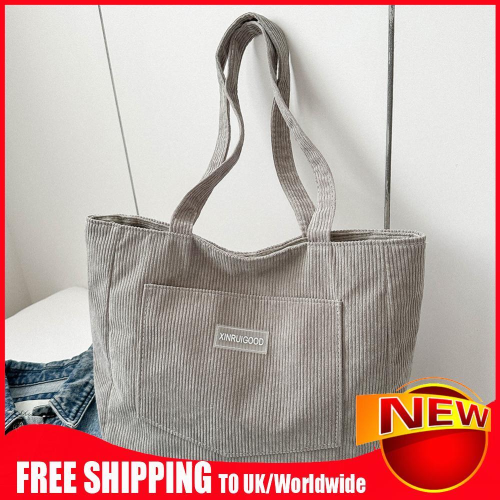 Women Cord Tote Bag Casual Shopping Bag for School Work Shopping Light Grey