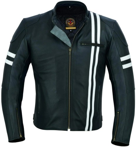 Warrior Mens Motorcycle CE Armour Stripe Genuine Cowhide Leather Biker Jacket - Picture 2 of 10