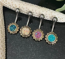 Druzy Stone Gold Filigree Flower Belly Ring Center Naval Piercing Navel