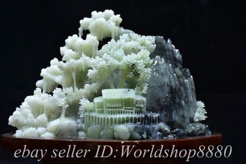 10.8" Chinese Natural Xiu jade Carved Fengshui Mountian Tree Bridge House Statue - Picture 2 of 13