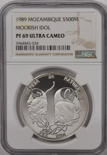 Mozambique 1989 500 Meticais silver Moorish idol animal NGC PF69UC NG1306 combin