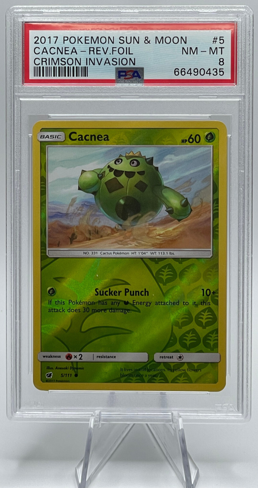 2017 POKEMON SUN & MOON CRIMSON INVASION #5 CACNEA-REVERSE FOIL PSA 8 NM-MT