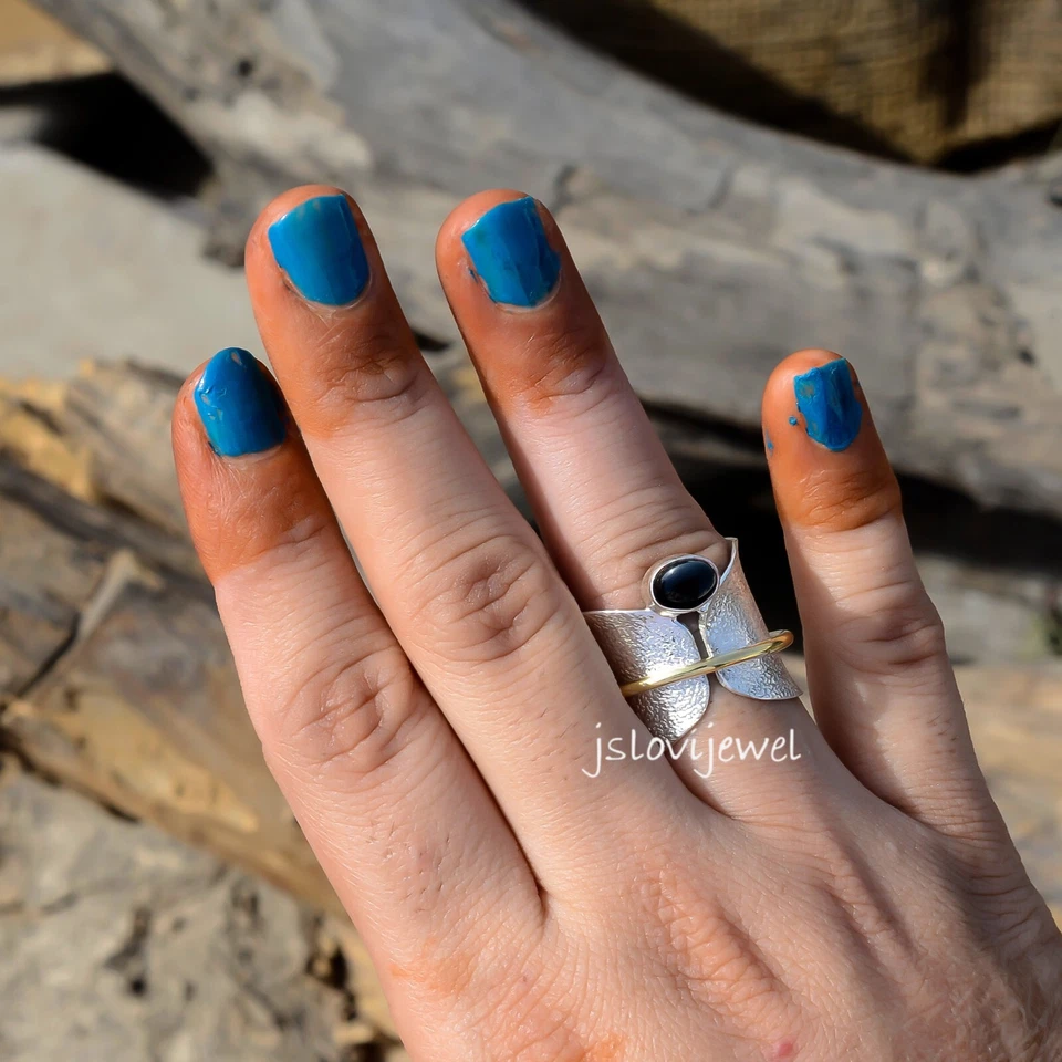 Anillo giratorio de plata esterlina 925 con piedras preciosas de ónix negro ansiedad por estrés joyería Foto 4 de 4