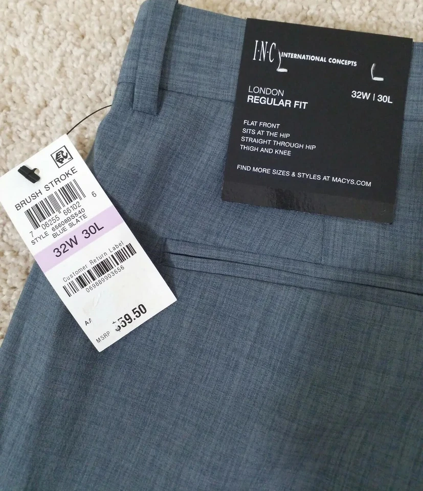 Pantalones de vestir INC~Para hombre 32Wx30L~Azul pizarra Londres calce regular frente plano nuevos con etiquetas $59.50 Foto 2 de 4