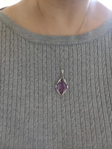 Vintage Art Deco Amethyst Glass Pendant Necklace Rhodium Plate The Look Of Real - Picture 24 of 24
