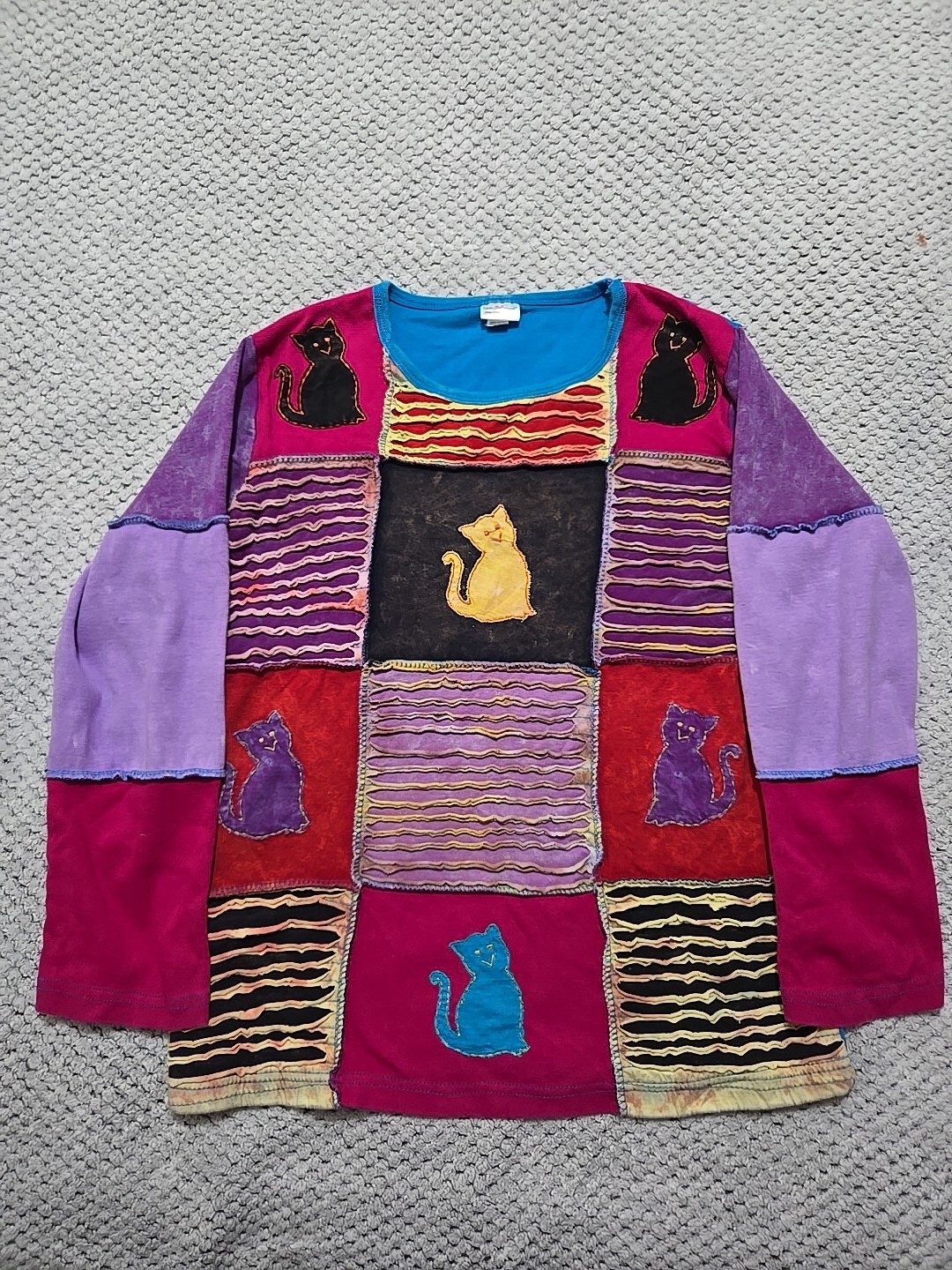 Greater Good Network Patchwork Cat Long Sleeve Sh… - image 1