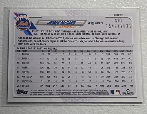 JAMES McCANN - Topps 2021 Series 2 - Gold Parallel #’d 1549/2021 - #410 - Mets - Picture 2 of 2