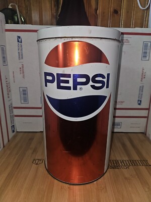 Old Vintage Large 13” Tall Pepsi Metal Storage Can W/Lid Trash Can